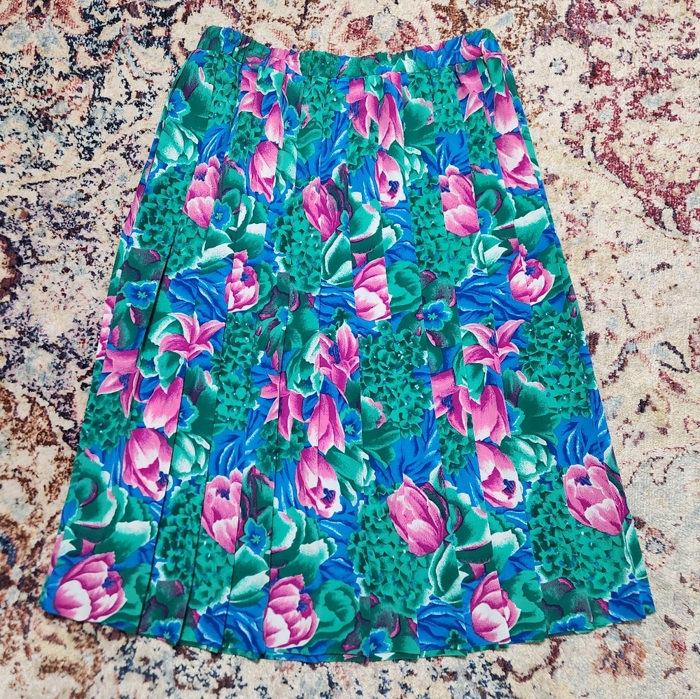 Vintage 90s Plus Size Floral Pleated Midi Skirt Estimated Size L / XL - Picture 2 of 7